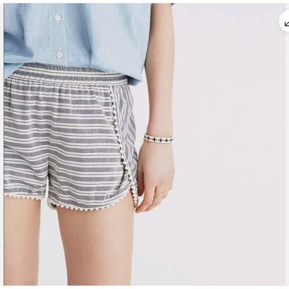 Madewell Oahu Cover Up Shorts in White and Blue Stripe Pompom Trim - Picture 2 of 6